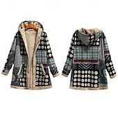 cheap Sherpa Jackets-Women&#039;s Fleece Jacket Coat Hoodie Jacket Warm Comfortable Zipper Pocket Fashion Modern Casual Geometric Going out Weekend Zipper Regular Hooded Regular Fit Long Sleeve Outerwear Black Red Winter