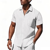 economico Casual da lavoro-Per uomo Camicia Camicia di lino Camicia casual Camicia con Bottoni Camicia di cotone A righe Vacanza Streetwear Nero Bianco Blu marino Cachi Manica Corta Collo ripiegato Estate Abbigliamento