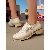 abordables Années 1950-Chaussures richelieu en cuir verni crème pour femme – Chaussures plates vintage à double boucle pour un usage quotidien ou des tenues d&#039;inspiration rétro