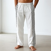 cheap Men&#039;s Printed Casual Pants-Men&#039;s Trousers Baggy Pants Casual Pants Side Pockets Elastic Waist Wide Leg Greek Key Meander Full Length Outdoor Vacation Ethnic Style White Blue Inelastic