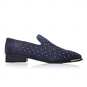 abordables Mocasines-Zapatos sin cordones de ante azul marino para hombre con detalles tachonados y detalles dorados: zapatos sin cordones de lujo para fiestas nocturnas, bodas y reuniones formales.