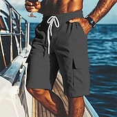cheap Holiday-Men&#039;s Shorts Linen Shorts Summer Shorts Beach Shorts Elastic Waist Drawstring Multiple Pockets Plain Comfort Breathable Short Vacation Holiday Beach Hawaiian Boho Black White