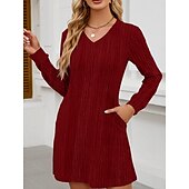 cheap Plain Dress-Women&#039;s Mini Dress A Line Dress Casual Daily Regular Fit Plain Long Sleeve V Neck Wine Light Brown Green Dark Gray Winter Autumn
