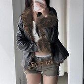 cheap Furs &amp; Leathers-Women&#039;s Casual Jacket Warm Comfortable Buttons Fur Collar Fashion Plain Holiday Going out Weekend Single Breasted Regular Turndown Regular Fit Long Sleeve Outerwear Black Fall Winter