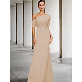 cheap Floor Length-A-Line Mother of the Bride Dress Wedding Guest Elegant Vintage One Shoulder Floor Length Charmeuse 3/4 Length Sleeve with Ruffles Side-Draped free custom size