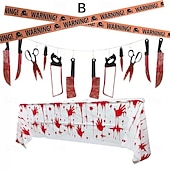abordables Halloween Cuisine-Ensemble de décoration d&#039;empreintes de main de sang d&#039;Halloween comprenant des autocollants de fenêtre, une bannière de couteau de sang et une nappe en PVC, parfait pour la décoration d&#039;Halloween, de