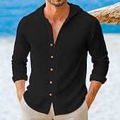 preiswerte Urlaub-Herren Hemd Leinenhemd Sommerhemd Strandhemd Einfarbig Urlaub Lässig Schwarz Weiß Grün Leicht Blau Langarm Kapuzenpullover Frühling &amp; Sommer Bekleidung Button-Down