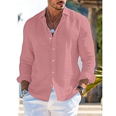 preiswerte Urlaub-Herren Hemd Leinenhemd Sommerhemd Strandbekleidung Knopfhemd Einfach Urlaub Kreuzfahrt Schwarz Weiß Rosa Blau Langarm Kragen Frühling &amp; Sommer Bekleidung