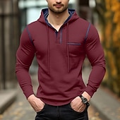 economico magliette di base-Per uomo Maglietta Felpa con cappuccio Henley Manica Lunga Con Cappuccio Henley Primavera &amp; Autunno Tinta unica Maglieria Quotidiano All&#039;aperto Tasca All&#039;aperto Casual Casuale Grigio scuro blu navy