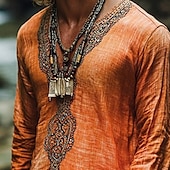 cheap Vacation-Men&#039;s Linen Shirt Summer Shirt Vintage Shirt Ethnic Shirt Long Sleeve Shirt Boho Vacation Street Orange Long Sleeve V Neck Summer Spring Clothing Apparel Ethnic