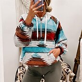 billige Grafisk butikk Sweatshirts &amp; Hettegensere-Dame Pullover hettegenser-genser Stamme Gatemote Fritid Behagelig Langermet Med hette Vanlige topper Gate Ferie Ut på byen Trykt mønster Quarter Zip Blå Høst