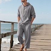 cheap Men&#039;s Tee Sets-Men&#039;s T-shirt Suits Shirt and Pant Sets 2 Pieces Outfits Long Sleeve Hooded Summer Spring Solid Color Fashion Casual Buttons 2 Piece Vacation Daily Wear Going out Black White Yellow Top Tee for Men