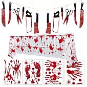 abordables Halloween Cuisine-Ensemble de décoration d&#039;empreintes de main de sang d&#039;Halloween comprenant des autocollants de fenêtre, une bannière de couteau de sang et une nappe en PVC, parfait pour la décoration d&#039;Halloween, de