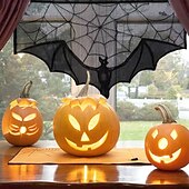 abordables Halloween Cocina-Cenefa de encaje de Halloween para cortina corta, adorno para ventana de cocina, color negro, decoración espeluznante, tela semitransparente para cortina, bolsillo para varilla de poliéster
