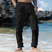 baratos Feriado-Homens Calças Cargo Calças de linho Calças Calça verão Cintura elástica Com Cordão Bolso multi Tecido Conforto Respirável Comprimento total Casual Diário Feriado Férias Moda Preto Branco Sem