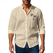 preiswerte Straße-Herren Hemd Leinenhemd Freizeithemd Knopfhemd Baumwollhemd Kokospalme Urlaub Hawaiianisch Schwarz Weiß Khaki Grau Langarm Stehkragen Sommer Frühling Bekleidung Druck