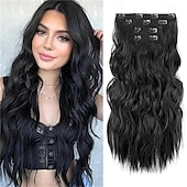 abordables Clip dans les extensions-Extensions de cheveux bouclés à clipser 4 pièces postiches synthétiques épais et longs ondulés avec double trame en fibre pour cheveux de femme tête complète