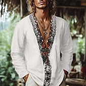 preiswerte Urlaub-Herren Hemd Leinenhemd Wikinger-Stil Popover-Hemd Sommerhemd Strandbekleidung Einfarbig Urlaub Straße Weiß Rosa Himmelblau Grün Langarm V Ausschnitt Sommer Frühling Bekleidung