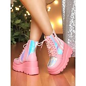 baratos Festa da Vida Noturna-Botas de combate femininas plataforma rosa, botas de cano curto holográficas com cadarço e salto grosso com zíper lateral, estilo de rua ousado para vida noturna e roupas de festa