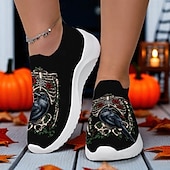 levne Pro ženy-Dámské gotické boty s potiskem havraní kostry – bílé flyknit halloweenské nazouvací boty pro fanoušky hororů, cosplaye a podzimních kostýmních párty od Sarah Richter