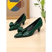 abordables Escarpins femme-Escarpins à bout pointu et nœud vert foncé pour femme – talons mi-hauts en cuir verni, style vintage pour le travail, les fêtes et les occasions habillées