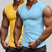 voordelige Sportschool tanktops-Voor heren Wafel Tanktop Singlet Hesje Onderhemd Mouwloos V-hals Zomer Effen Modieus Sportief Klassiek 2-stuks Standaard Straat Casual Sport Geel + blauw White + White Grey+Wit Top T-shirt voor mannen