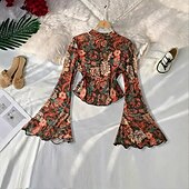 preiswerte Oberteile-Retro Vintage 1970er Groovy Bauchfreies Top Glockenärmel Disco Netz Blumen Damen Halloween Karneval Musikfestival Retro-Mottoparty Erwachsene Oberteil