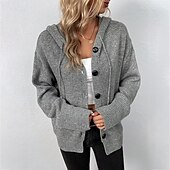 preiswerte Texturierte Kapuzenpullover &amp; Sweatshirts-Damen Strickjacke Mode Weich Einfarbig Gerippt Mit Kapuze Knöpfe Gestrickt Langarm Normale Oberteile Stricken Ferien Ausgehen Wochenende Schwarz Weiß Herbst