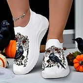 levne Pro ženy-Dámské gotické boty s potiskem havraní kostry – bílé flyknit halloweenské nazouvací boty pro fanoušky hororů, cosplaye a podzimních kostýmních párty od Sarah Richter
