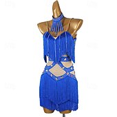 abordables Tenues de danse latine-Danse Latine Robe Strass Gland Épissage Femmes Performance Entraînement Sans manches Chinlon Maille Spandex