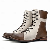 cheap Dress Boots-Men&#039;s Two-Tone Faux Leather Lace-Up Boots Vintage Mid-Calf Combat Style for Casual Wear Work and Fall Outfits