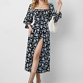 preiswerte Blumenkleid-Damen Maxikleid Milchmädchen-Kleid Urlaub Party Geburtstag Laternenärmel Outdoor Urlaub Täglich Standard Passform Blumen Langarm Quadrathals Weiß Blau Purpur Gold Sommer Frühling Herbst