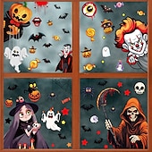 cheap Halloween Stickers-6 Sheets Halloween Window Cling Sticker Decals, Double-Sided Glass Window Decorations with Skeleton, Bat, Witch and Grim Reaper, Mall Storefront Scene Decor