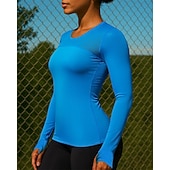 رخيصةأون تي شيرتات وبلوزات بدون أكمام للجري-نسائي لون سادة تيشيرت للجري قميص الجري قمة الرياضة كم طويل تي شيرت الصيف الربيع سريع جاف خفة الوزن متنفس ركض يوغا ملابس رياضية ألبسة رياضية أزرق أسود أبيض