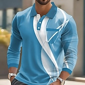 cheap Men&#039;s Geometric Polo-Men&#039;s Geometric Line Polo Long Sleeve Polo Shirts Collared Shirts Business Casual Business Athleisure Daily Wear Buttons Pocket 3D Print Spring Fall Winter Black Blue Sky Blue