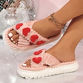 billige Tøfler og flip-flops til kvinner-Damehjertede plysjslidetøfler, søte, lodne sandaler med åpen tå og 3D-kjærlighetsdesign, komfortable innesko til valentinsdagen og fritidsklær