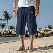 baratos Feriado-Homens Calças Capri Shorts de linho Shorts de verão Shorts de praia Bolsos Com Cordão Cintura elástica Tecido Conforto Respirável Comprimento da panturrilha Férias Feriado Praia Havaiana Boho Preto