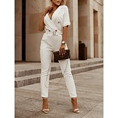 preiswerte formelle Overalls-Damen Normal Overall Elegant Einfarbig Kurzarm V Ausschnitt Knöpfe Hohe Taille Büro Arbeit Normale Passform Weiß Rosa Rote Sommer