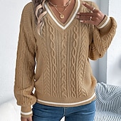 preiswerte Einfarbige Farben-Damen Pullover Lässig Farbblock Gerippt V Ausschnitt Patchwork Gestrickt Langarm Normale Oberteile Stricken Täglich Ferien Ausgehen Weiß Blau Herbst