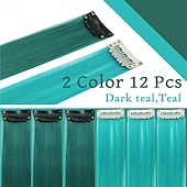 abordables Extensiones sintéticas-Extensiones de cabello sintético liso con clip de 21 pulgadas, resistentes al calor, para mujeres y niñas, con reflejos de fiesta multicolores, 12 unidades