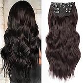 abordables Clip dans les extensions-Extensions de cheveux noirs de jais de 24 pouces à clipser, 4 pièces, extensions de cheveux synthétiques longs et ondulés, extensions de cheveux souples à clipser, postiche à double trame pour toute