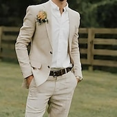 cheap Wedding Suits-Men&#039;s Wedding Linen Suits Beige Lightweight Casual Solid Colored Standard Fit 2 Piece Single Breasted Two-buttons