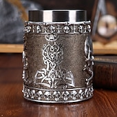 abordables Halloween Cuisine-Chope à bière en forme de crâne d&#039;Halloween, style rétro créatif, en forme de corne de bélier, en résine 3D surélevée &amp;Verres en acier inoxydable avec relief amusant pour les amateurs de bière