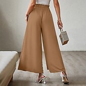 baratos perna larga e cintura alta-Mulheres Perna larga Calças Roupa de rua Casual Comprimento total Natural Tecido Bolsos Com Cordão Design de cordão elástico Exterior Confortável Final de semana Streetwear Magenta Camelo Adamascado