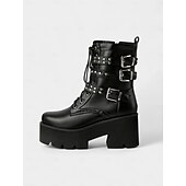 baratos Década de 1980-Botas de combate femininas estilo gótico plataforma Y2K - Botas pretas de cano curto com cadarço inspiradas nos anos 80, com tiras cravejadas e saltos grossos para cosplay, Halloween e streetwear punk
