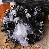 tanie Wieniec Halloween i dekoracje kwiatowe-wieńce halloweenowe do dekoracji drzwi wejściowych wewnątrz i na zewnątrz, szkieletowy wianek z siatki dla panny młodej i pana młodego z pnączem duchów do nawiedzonego domu