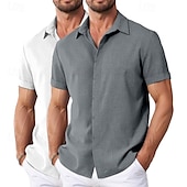 preiswerte Klassiker-Herren Hemd Leinenhemd Sommerhemd Freizeithemd Strandhemd Knopfhemd Einfach Urlaub Lässig Weiss + Rosa Weiß + Grün Khaki + Schwarz Grün+Khaki Kurzarm Kragen Sommer Bekleidung Rein