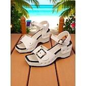 cheap Women&#039;s Flats-Women&#039;s White Platform Wedge Sandals with Double Buckle Straps – Boho - Chic Vacation Footwear for Beach Getaways &amp; Summer Trips