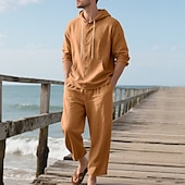 cheap Men&#039;s Tee Sets-Men&#039;s T-shirt Suits Shirt and Pant Sets 2 Pieces Outfits Long Sleeve Hooded Summer Spring Solid Color Fashion Casual Buttons 2 Piece Vacation Daily Wear Going out Black White Yellow Top Tee for Men