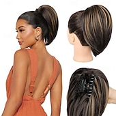 abordables Queue-de-cheval-Extension queue de cheval 10 pièces, postiche queue de cheval courte à clipser, chignon décoiffé, postiche synthétique naturel, doux et raide pour femme - brun foncé avec mèches